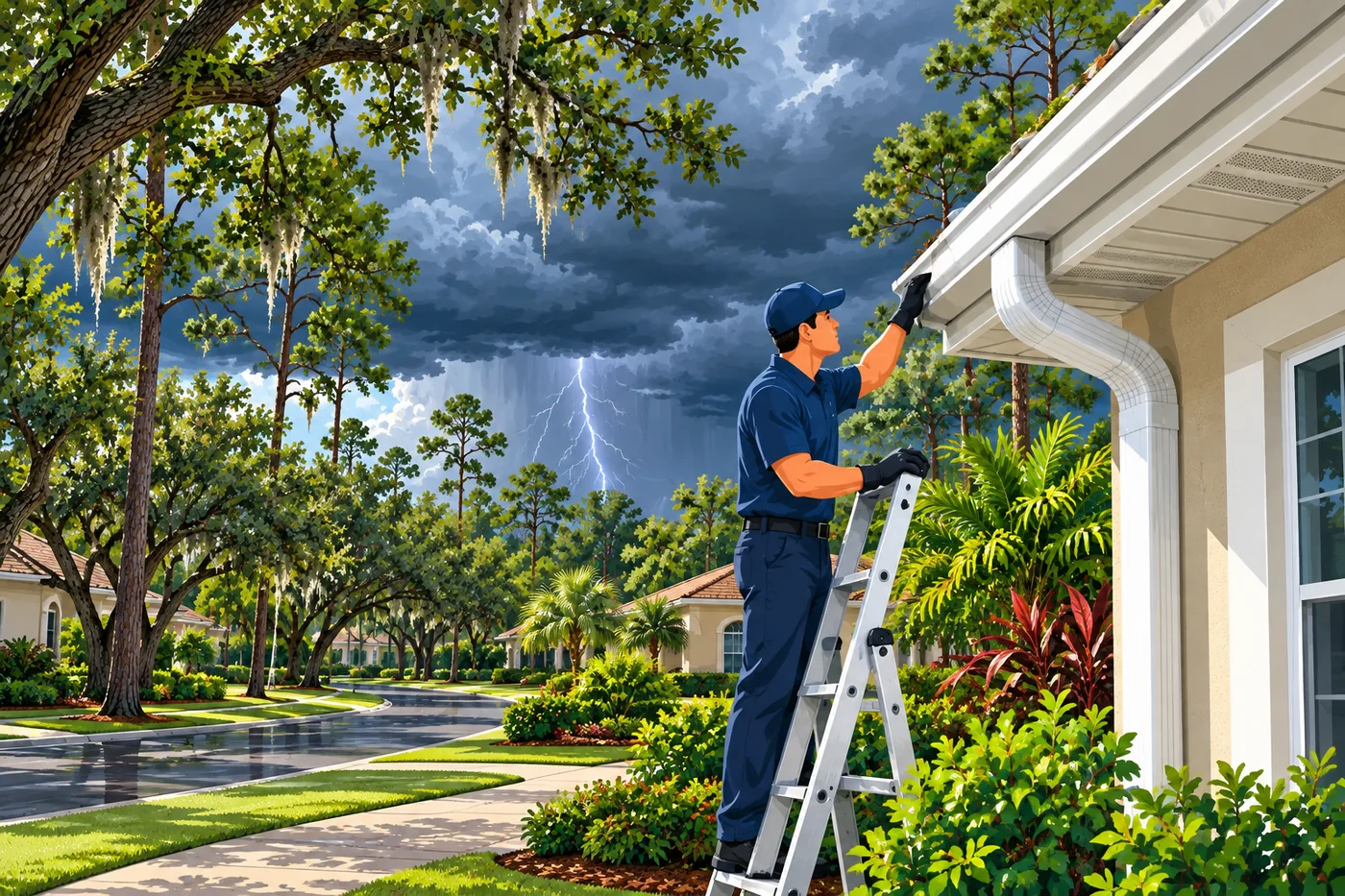 Illustration: gutters and a downspout at a Seminole County-area home in Florida weather