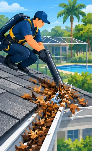 Illustration: a technician in a safety harness using a blower to clear leaves from a shingle roof and gutter
